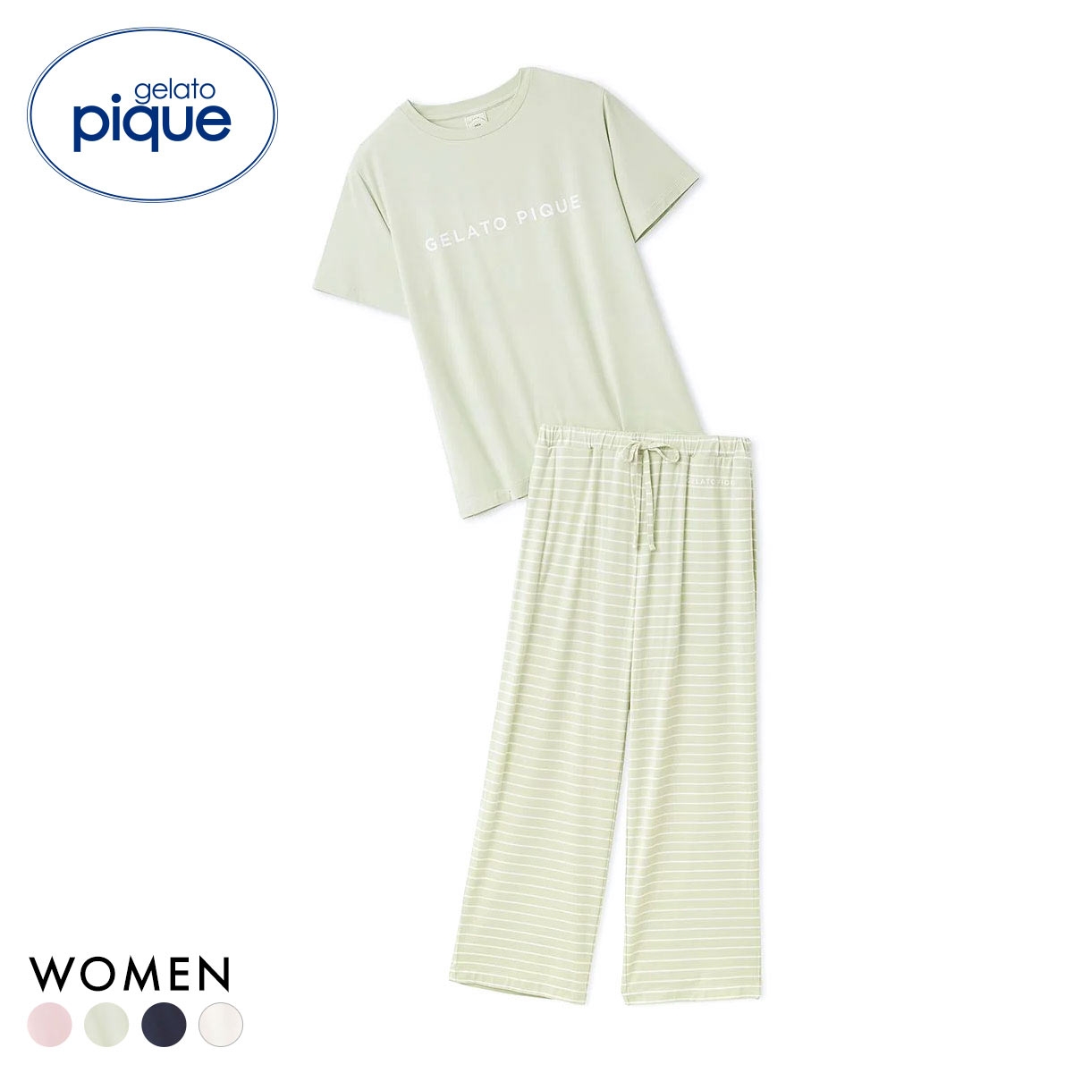 ジェラートピケ レディース レーヨンロゴTシャツ＆ボーダーロングパンツセット 上下セット ジェラピケ ルームウェア gelato pique(LM-ライム-Free)