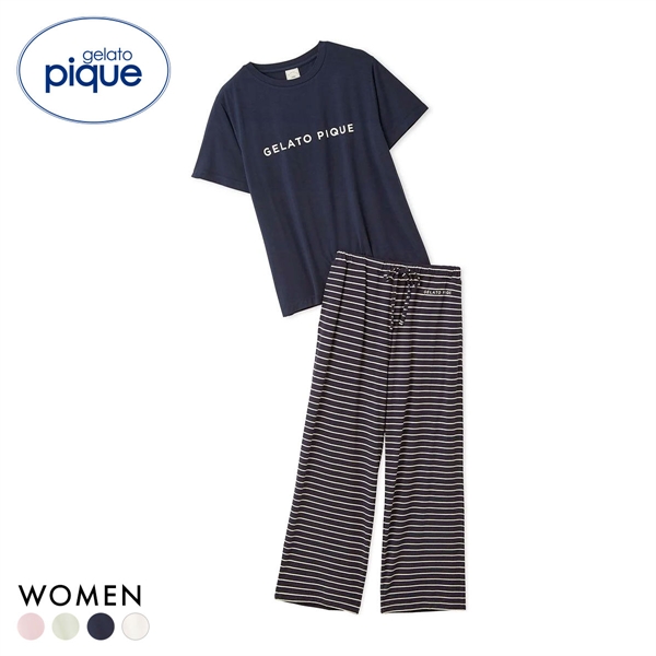 ジェラートピケ レディース レーヨンロゴTシャツ＆ボーダーロングパンツセット 上下セット ジェラピケ ルームウェア gelato pique