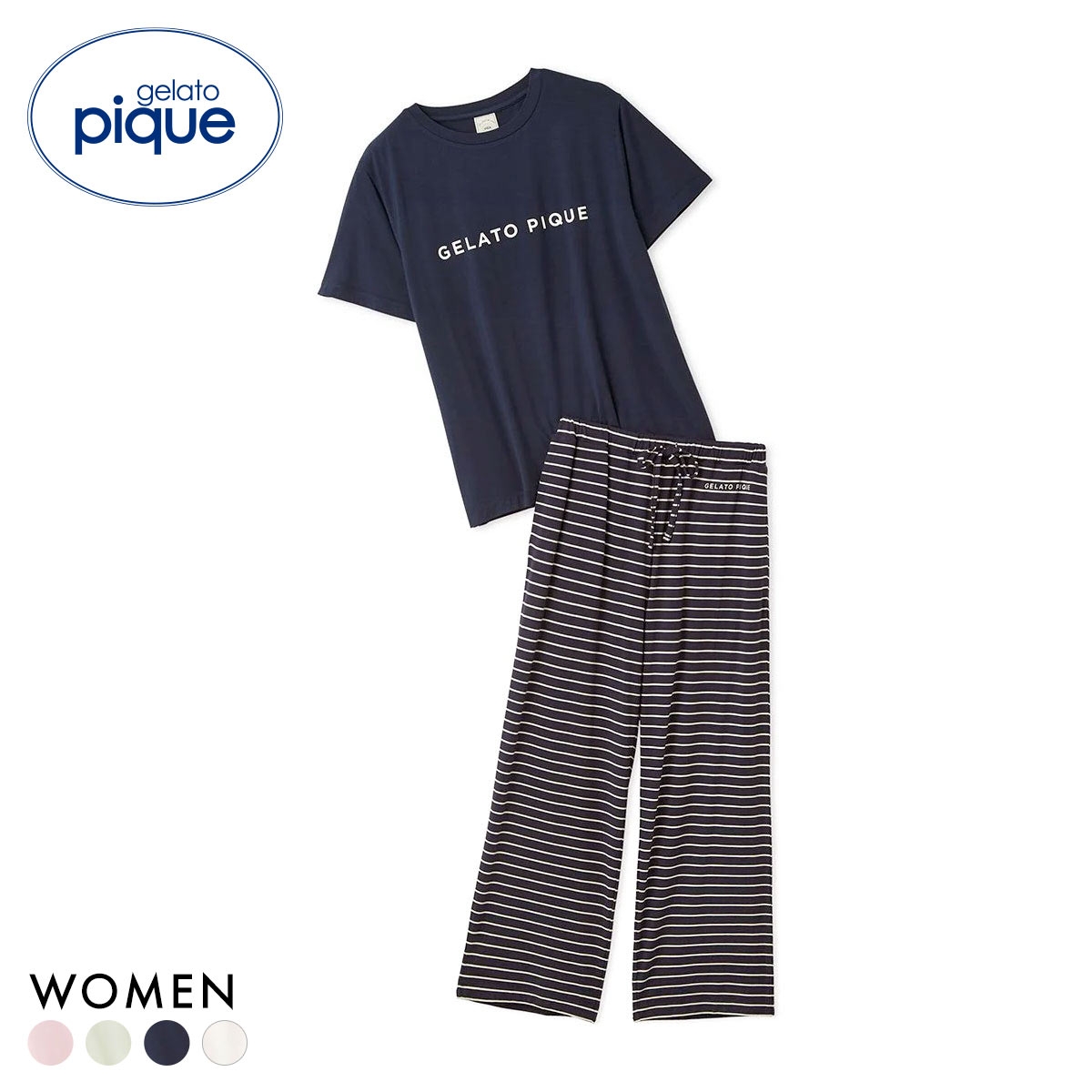 ジェラートピケ レディース レーヨンロゴTシャツ＆ボーダーロングパンツセット 上下セット ジェラピケ ルームウェア gelato pique(NV-ネイビー-Free)