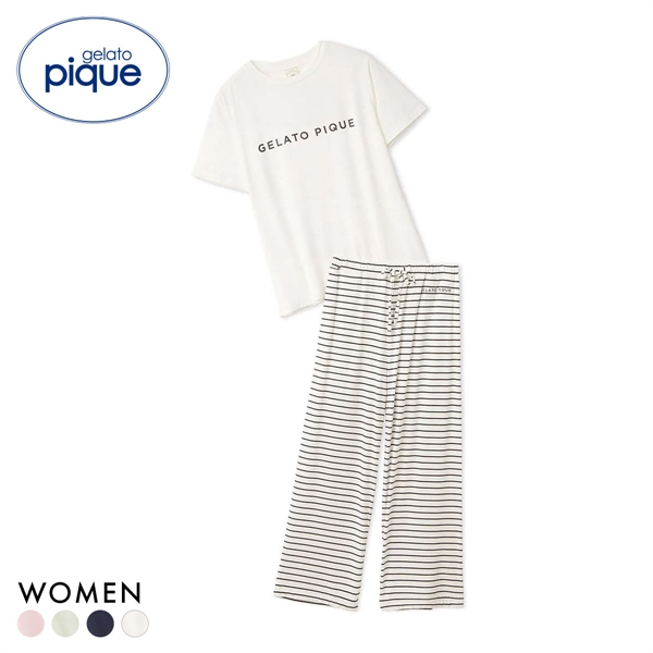 ジェラートピケ レディース レーヨンロゴTシャツ＆ボーダーロングパンツセット 上下セット ジェラピケ ルームウェア gelato pique
