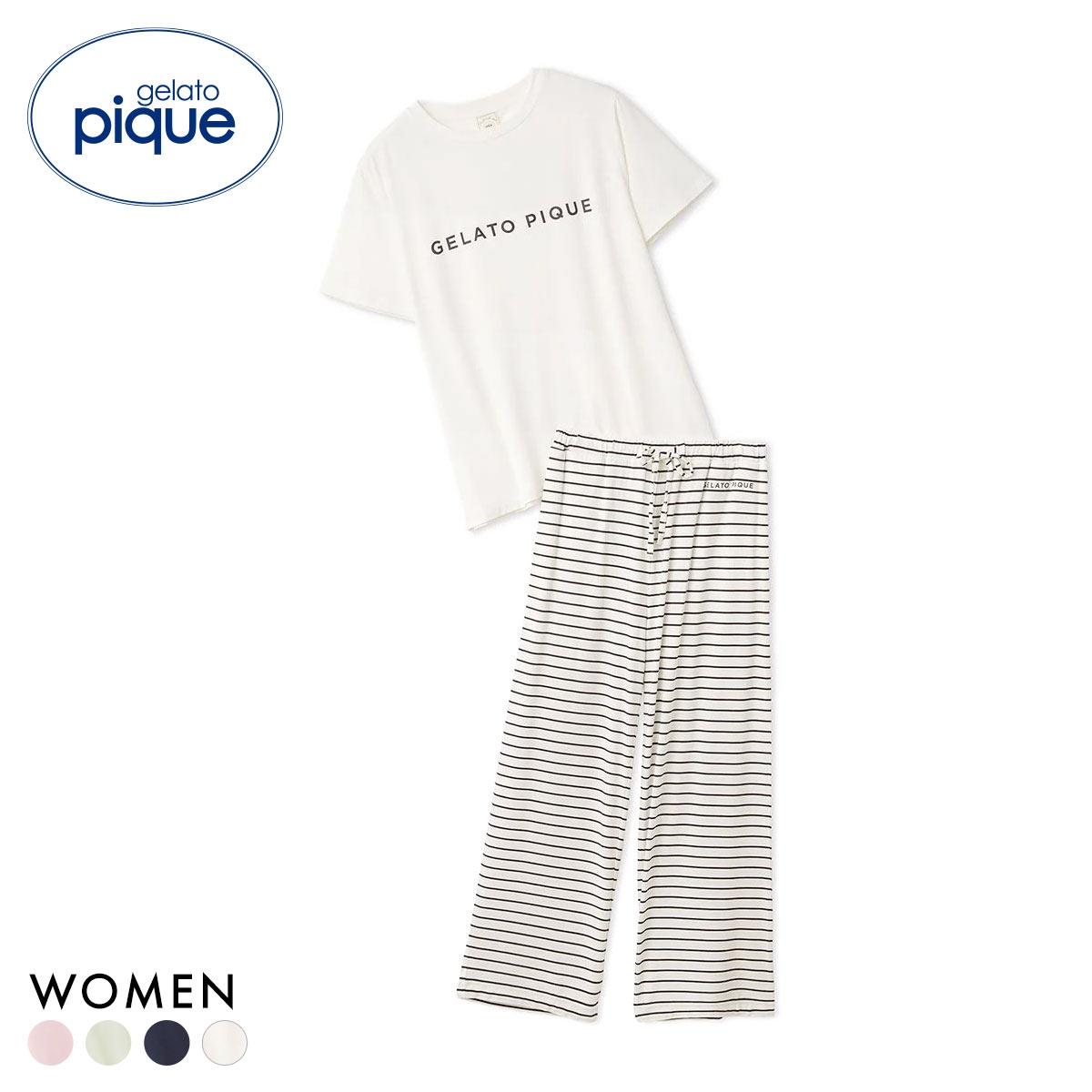 ジェラートピケ レディース レーヨンロゴTシャツ＆ボーダーロングパンツセット 上下セット ジェラピケ ルームウェア gelato pique(OW-オフホワイト-Free)