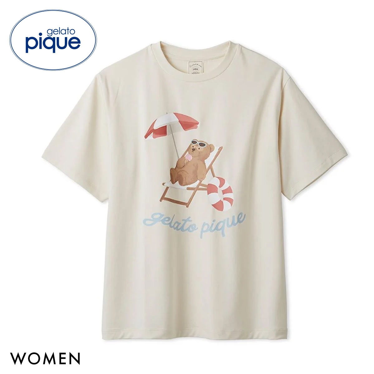 ジェラートピケ レディース 接触冷感 サマーベアワンポイントTシャツ ジェラピケ パジャマ ルームウェア gelato pique(IV-アイボリー-Free)
