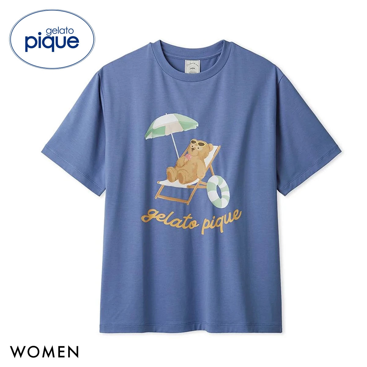 ジェラートピケ レディース 接触冷感 サマーベアワンポイントTシャツ ジェラピケ パジャマ ルームウェア gelato pique(NV-ネイビー-Free)