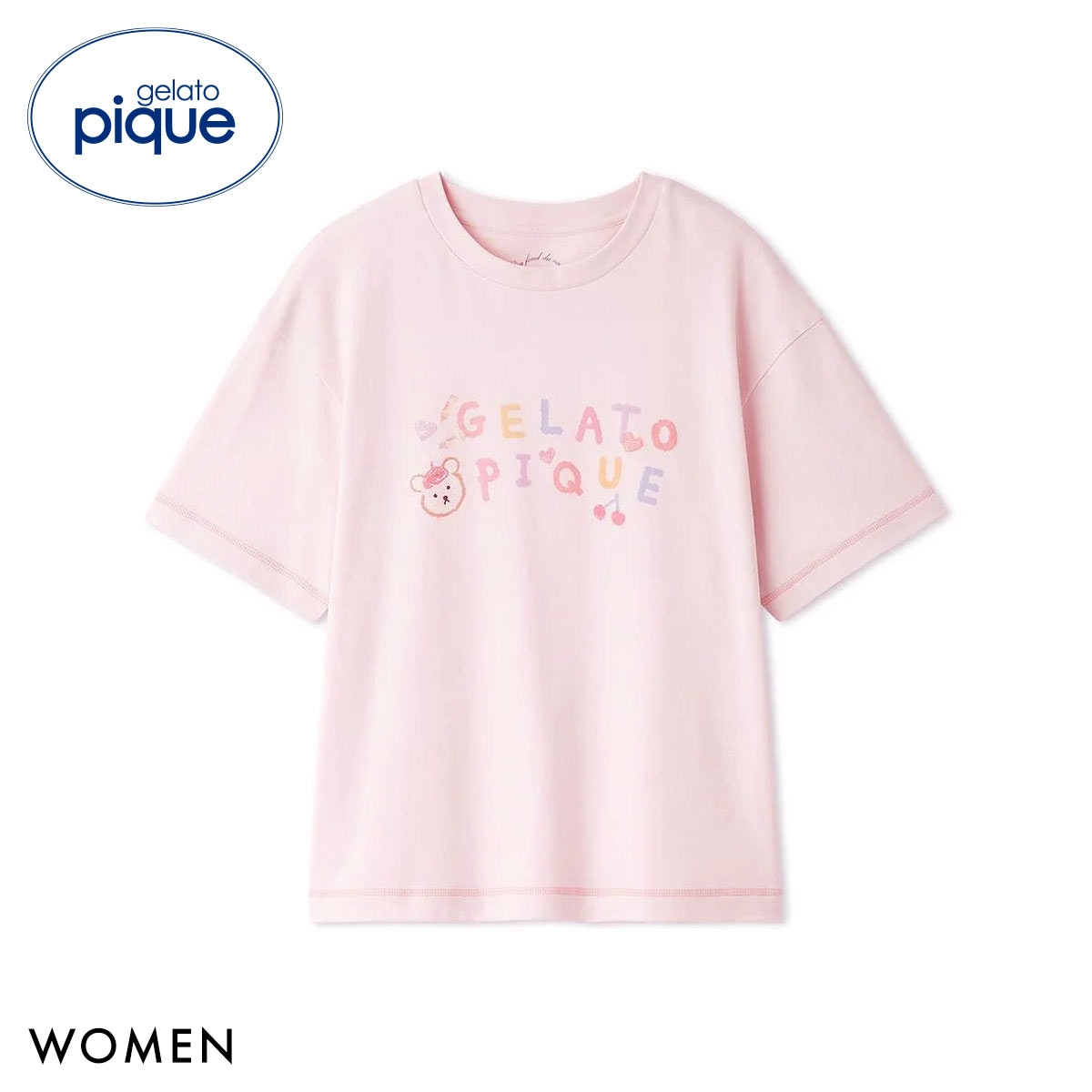 ジェラートピケ レディース ドローイングベアワンポイントTシャツ ジェラピケ パジャマ ルームウェア gelato pique(PI-ピンク-Free)