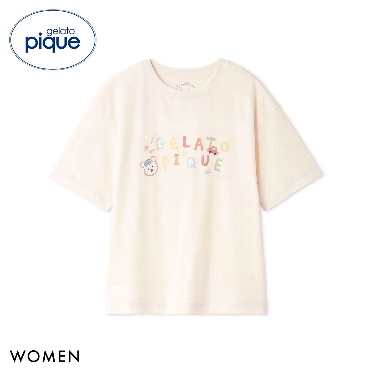 ジェラートピケ レディース ドローイングベアワンポイントTシャツ ジェラピケ パジャマ ルームウェア gelato pique(CR-クリーム-Free)