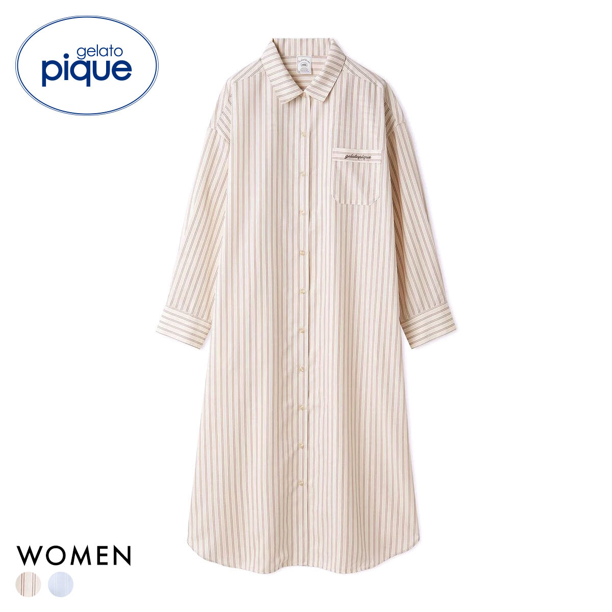 ジェラートピケ レディース ストライプシャツワンピース ジェラピケ パジャマ ルームウェア gelato pique(IV-アイボリー-Free)