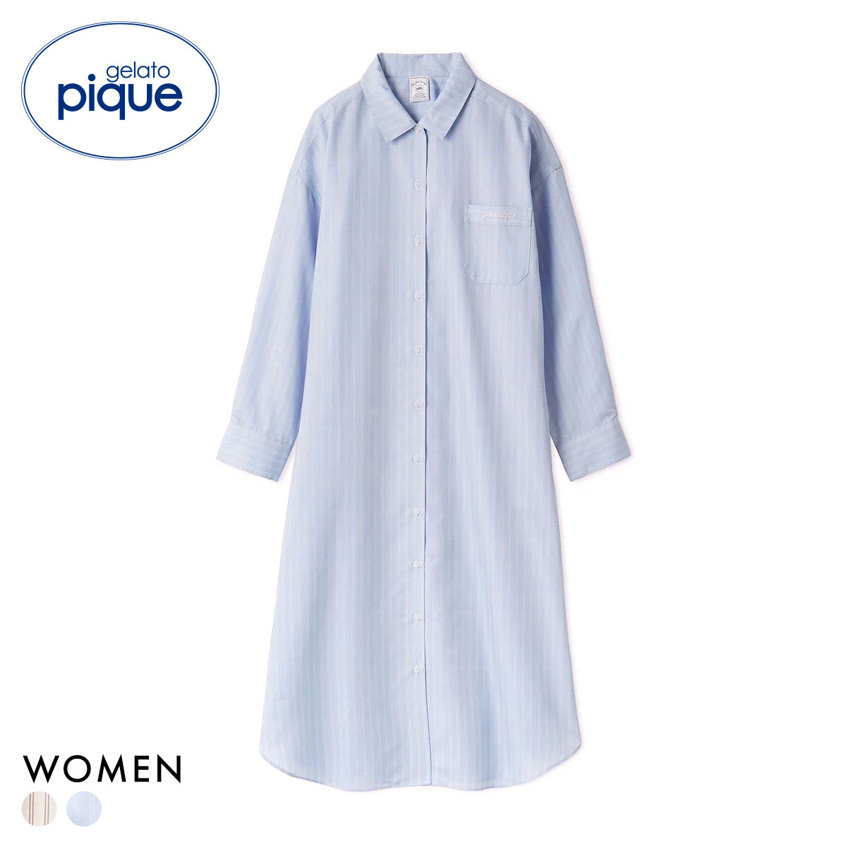 ジェラートピケ レディース ストライプシャツワンピース ジェラピケ パジャマ ルームウェア gelato pique(BU-ブルー-Free)