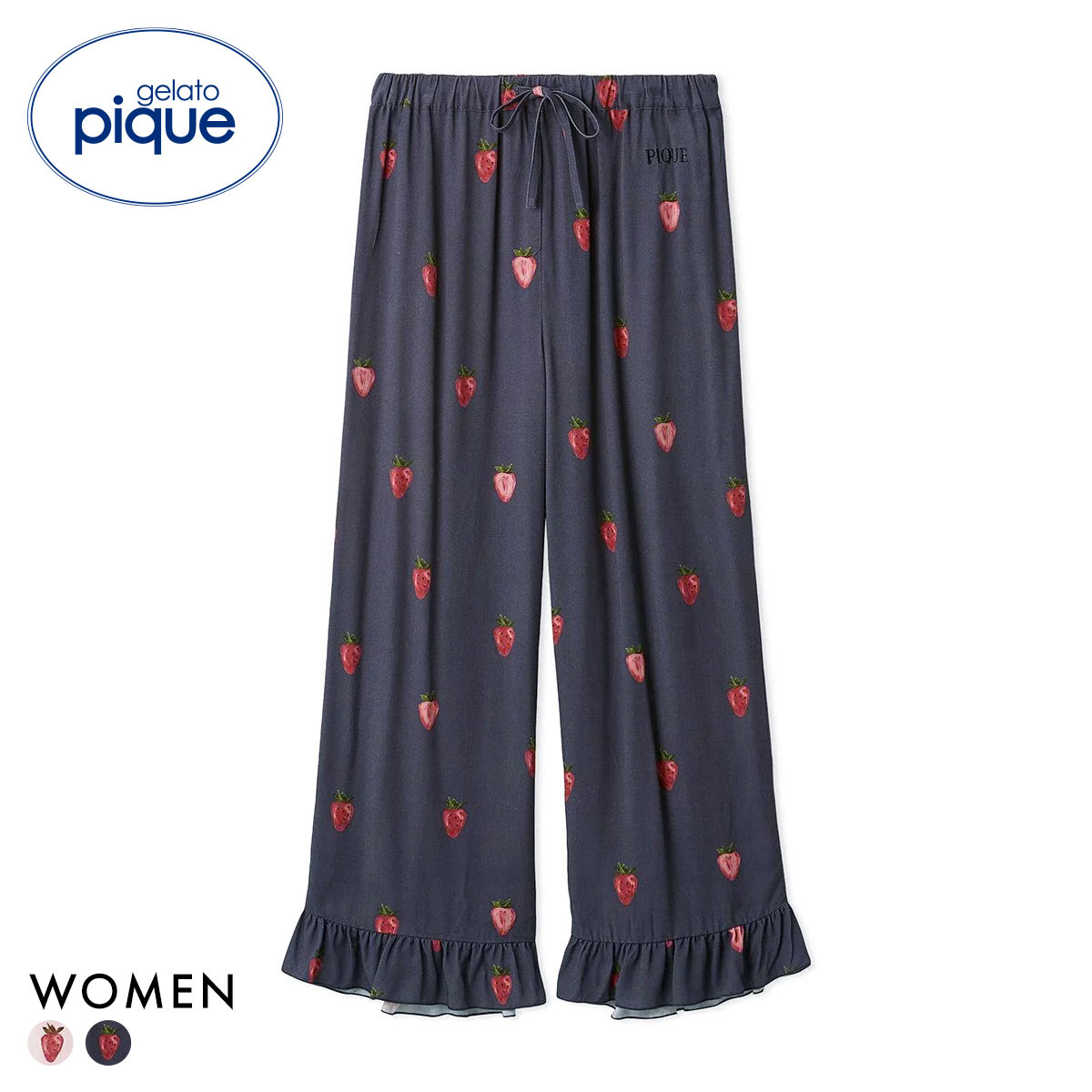 ジェラートピケ レディース ストロベリー柄ツイルロングパンツ ジェラピケ パジャマ gelato pique(NV-ネイビー-Free)