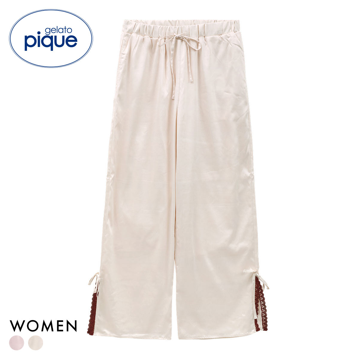ジェラートピケ レディース レースサテンロングパンツ ジェラピケ パジャマ ルームウェア gelato pique HOLIDAY(OW-オフホワイト-Free)