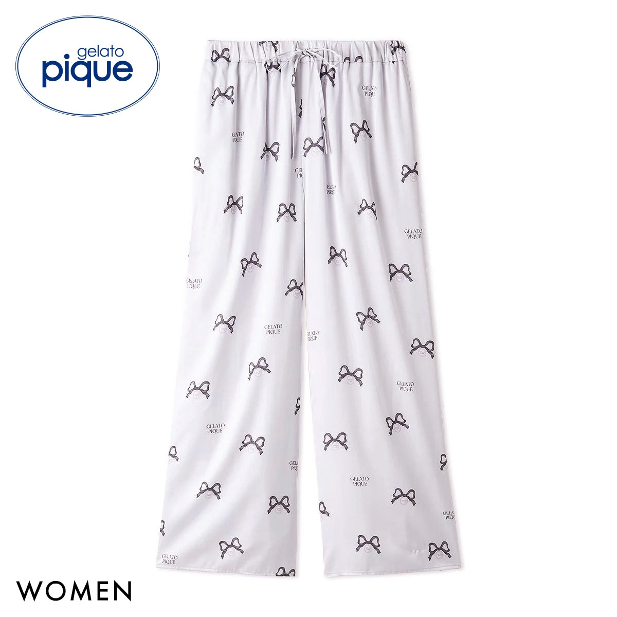 ジェラートピケ レディース リボン柄サテンロングパンツ ジェラピケ パジャマ ルームウェア gelato pique(BU-ブルー-Free)