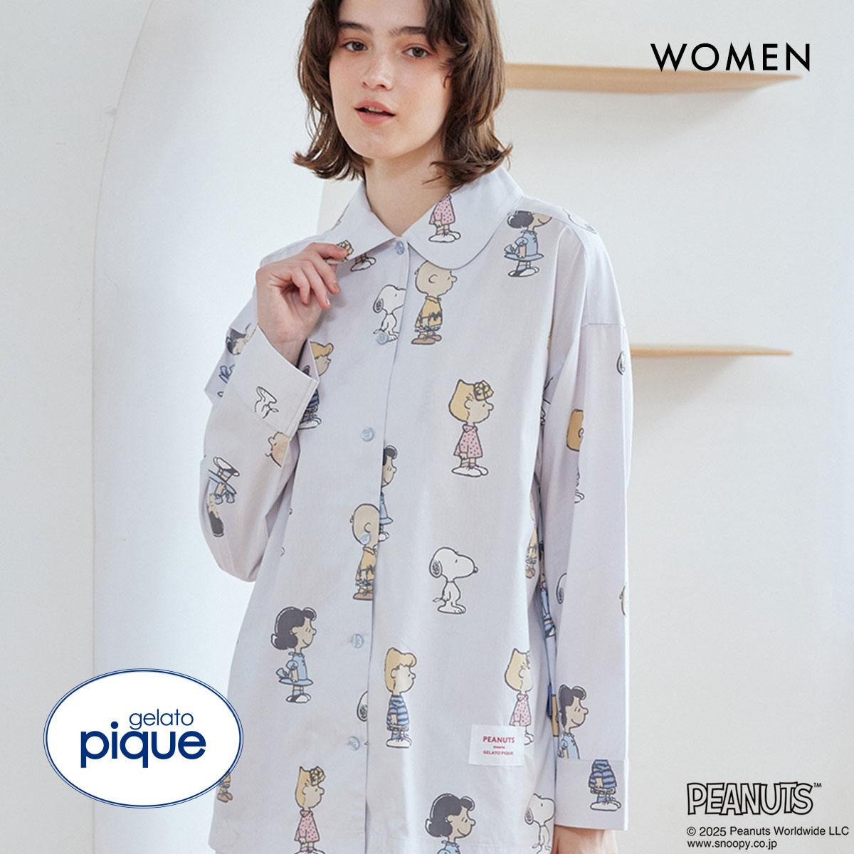 ジェラートピケ レディース ピーナッツ 総柄シャツ ジェラピケ パジャマ ルームウェア PEANUTS gelato pique(BU-ブルー-Free)