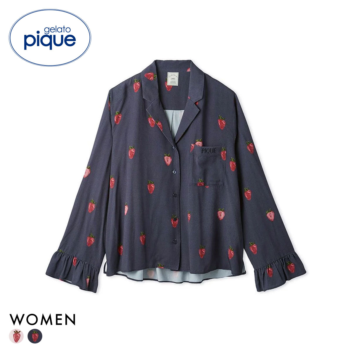 ジェラートピケ レディース ストロベリー柄ツイルシャツ ジェラピケ パジャマ gelato pique(NV-ネイビー-Free)