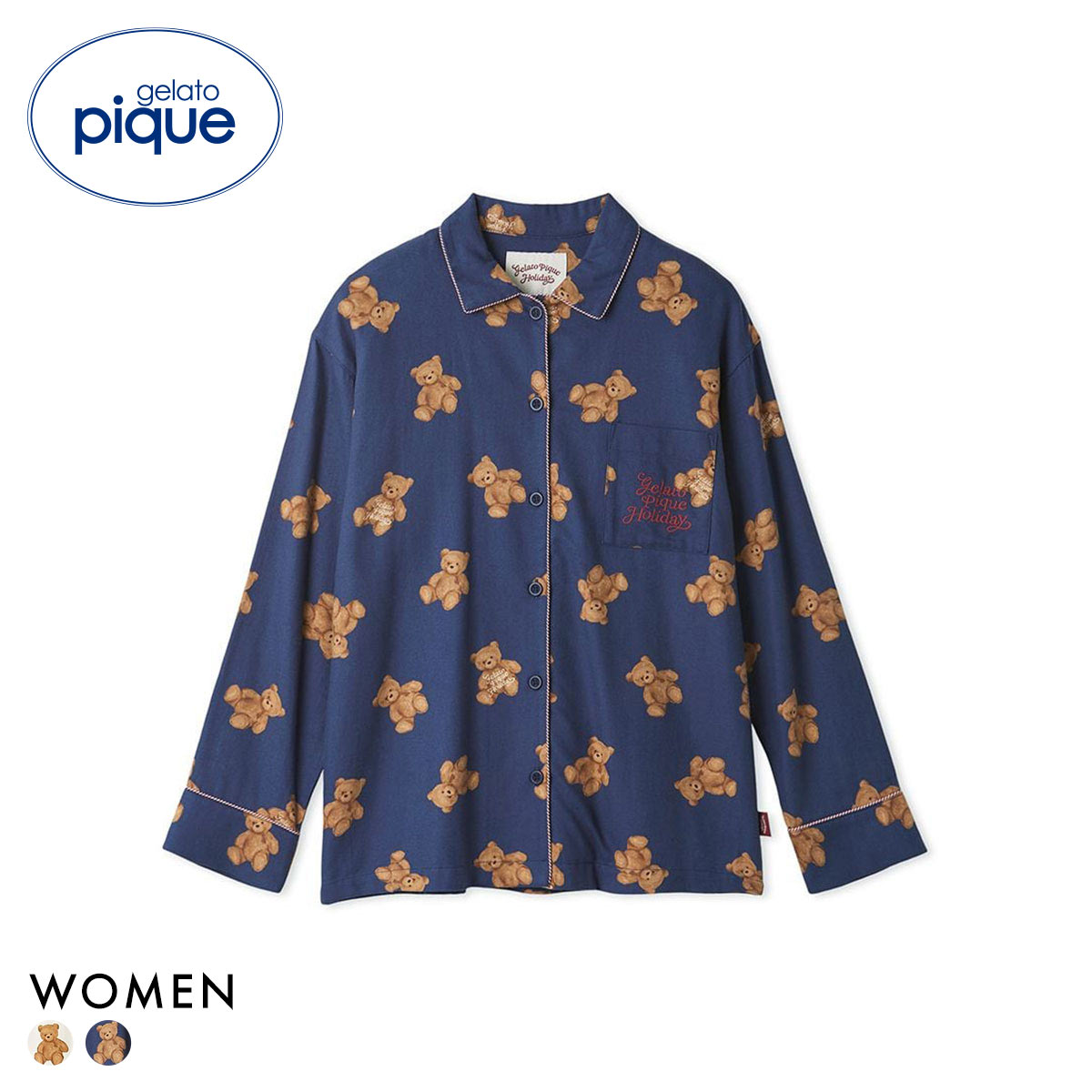 ジェラートピケ レディース HOLIDAY ベア柄ネルシャツ ジェラピケ パジャマ ルームウェア gelato pique(NV-ネイビー-Free)