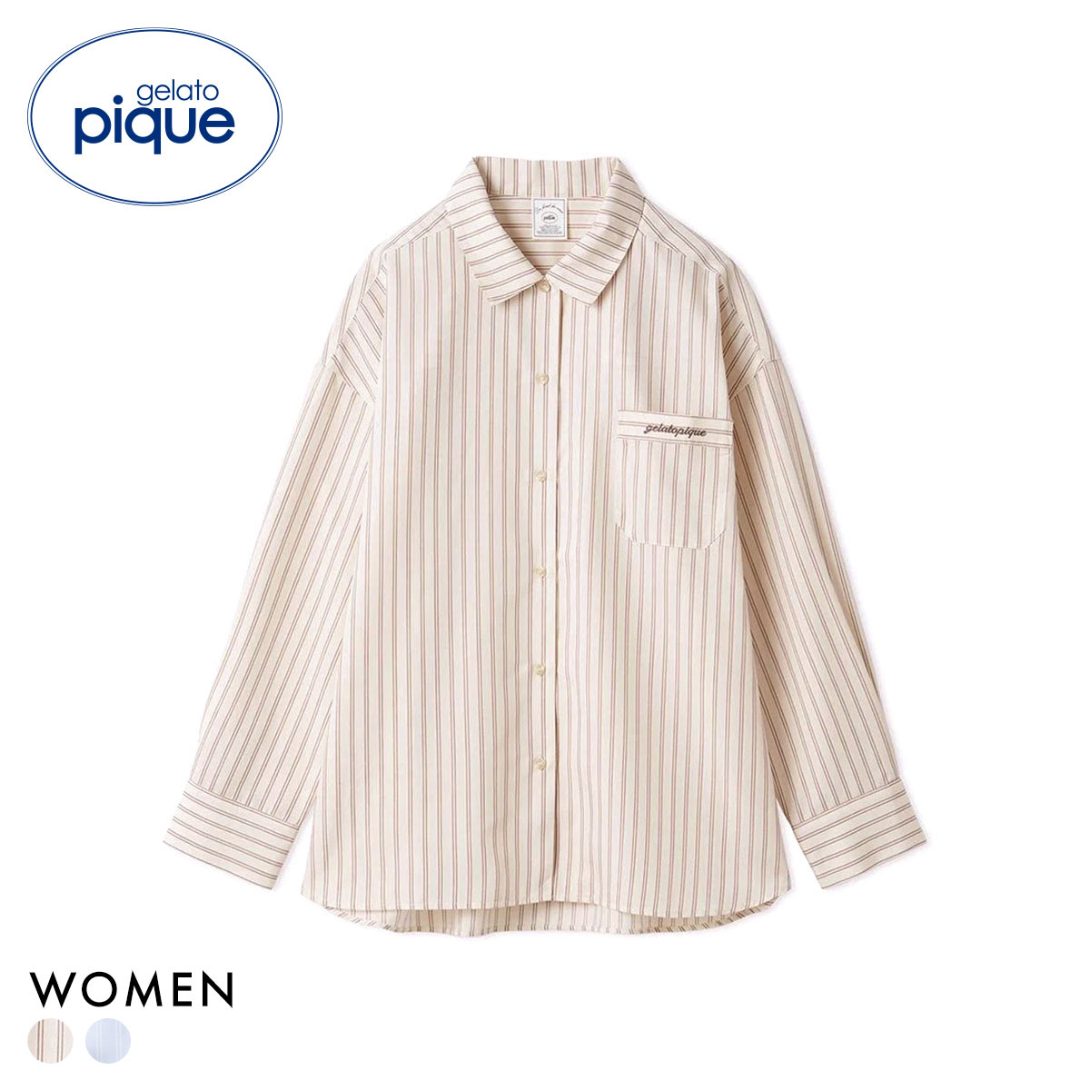 ジェラートピケ レディース ストライプシャツ ジェラピケ パジャマ ルームウェア gelato pique(IV-アイボリー-Free)