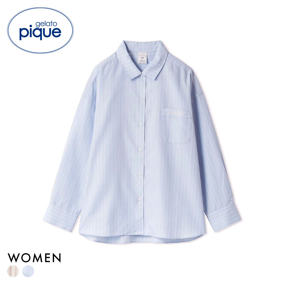 ジェラートピケ レディース ストライプシャツ ジェラピケ パジャマ ルームウェア gelato pique(BU-ブルー-Free)