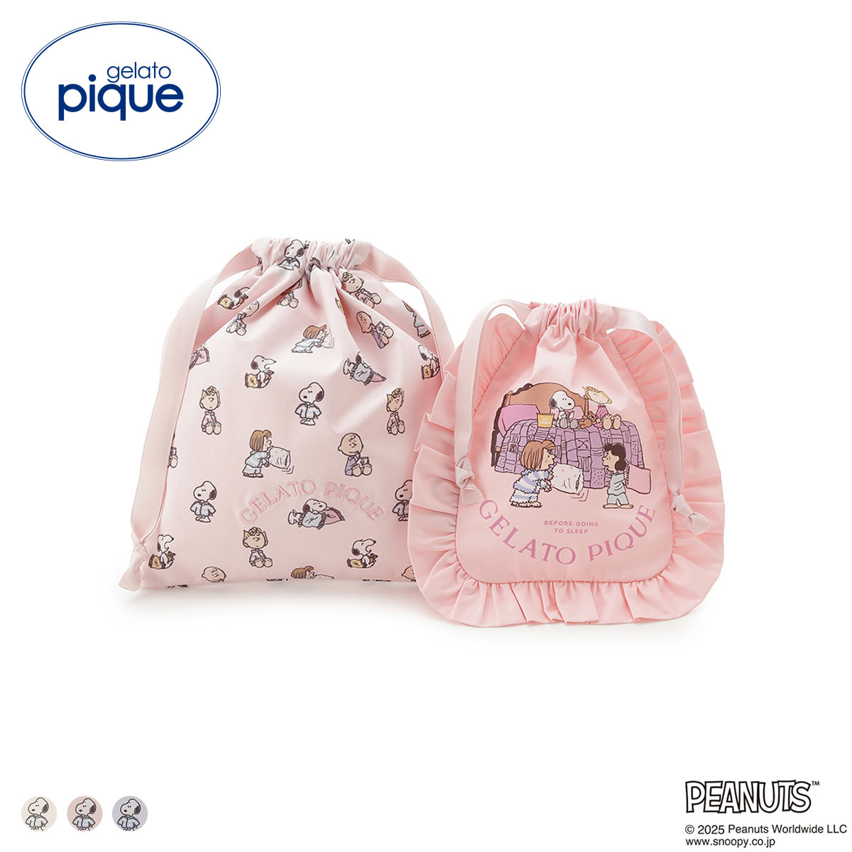 ジェラートピケ PEANUTS オリジナルアート巾着セット ジェラピケ gelato pique スヌーピー(PI-ピンク-Free)