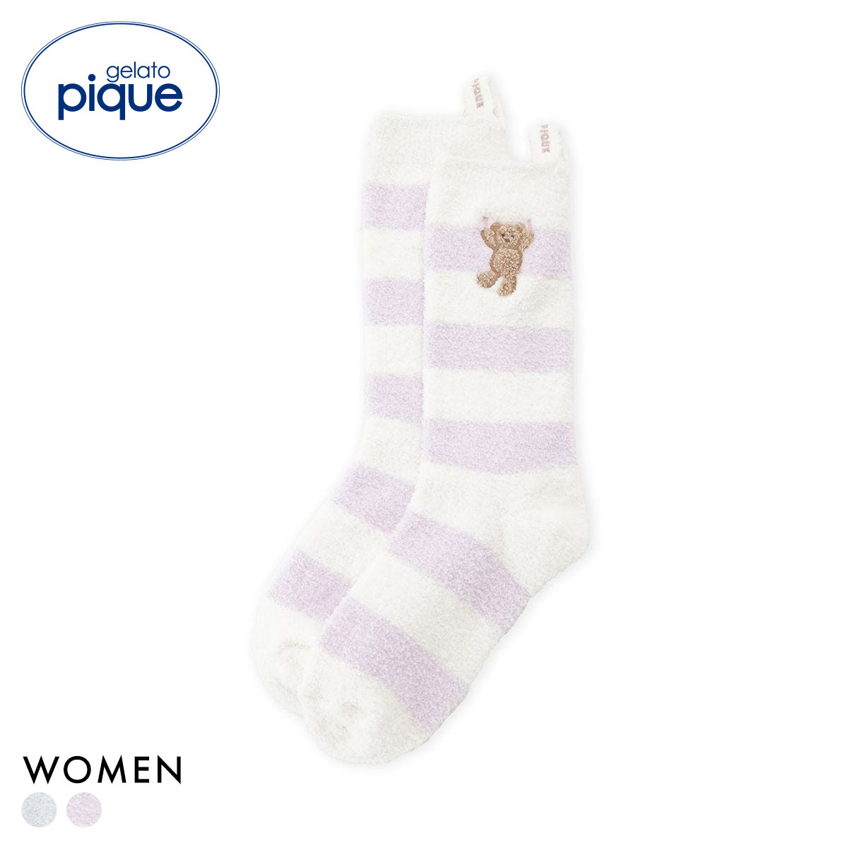 ジェラートピケ レディース エアリーモコベアボーダーソックス ジェラピケ gelato pique(LV-ラベンダー-Free)