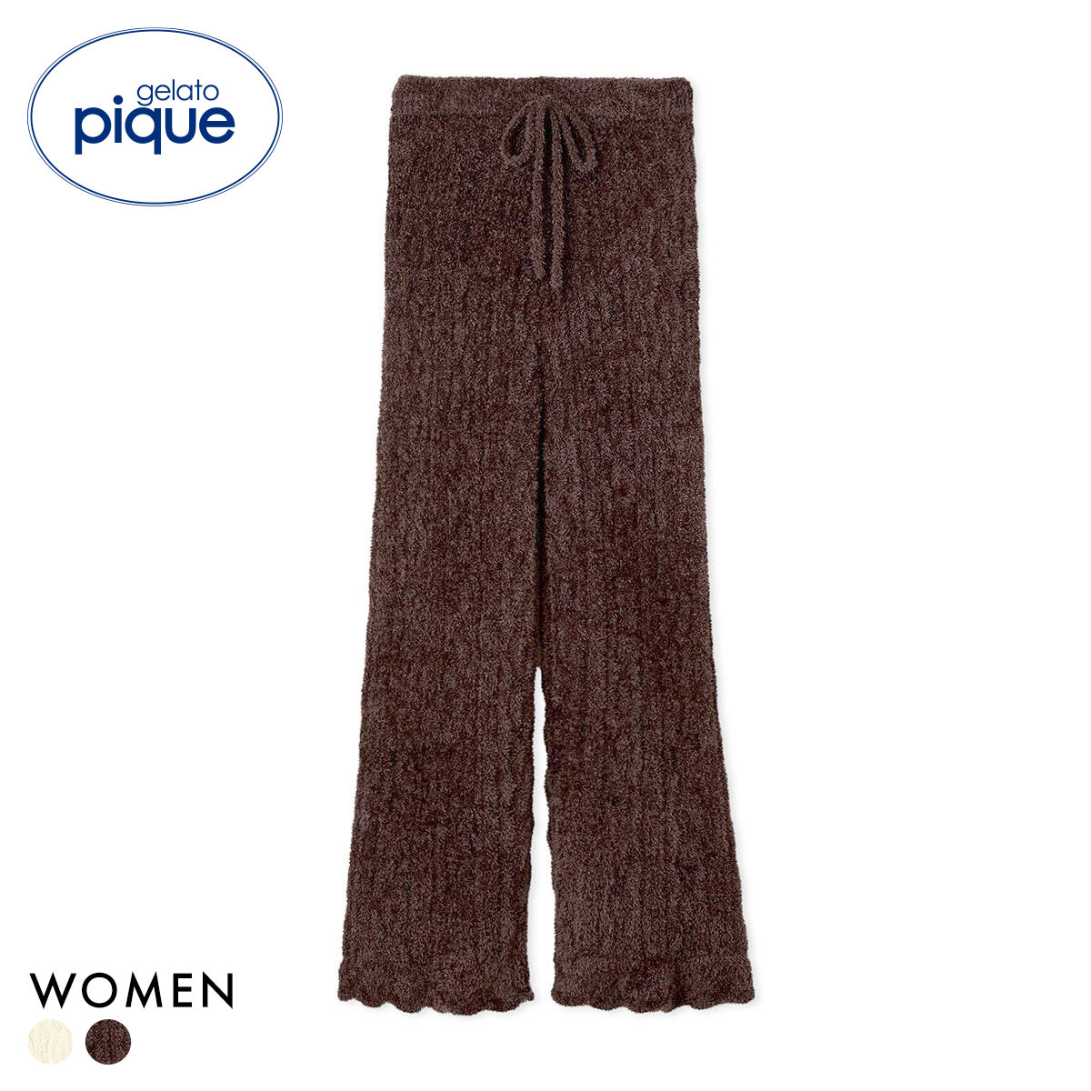 ジェラートピケ レディース フェザー柄編みロングパンツ ジェラピケ パジャマ ルームウェア gelato pique(BR-ブラウン-Free)