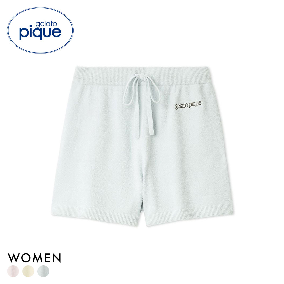 ジェラートピケ レディース エアリーモコロゴ刺繍ショートパンツ ジェラピケ パジャマ ルームウェア gelato pique 猫の日(BU-ブルー-Free)
