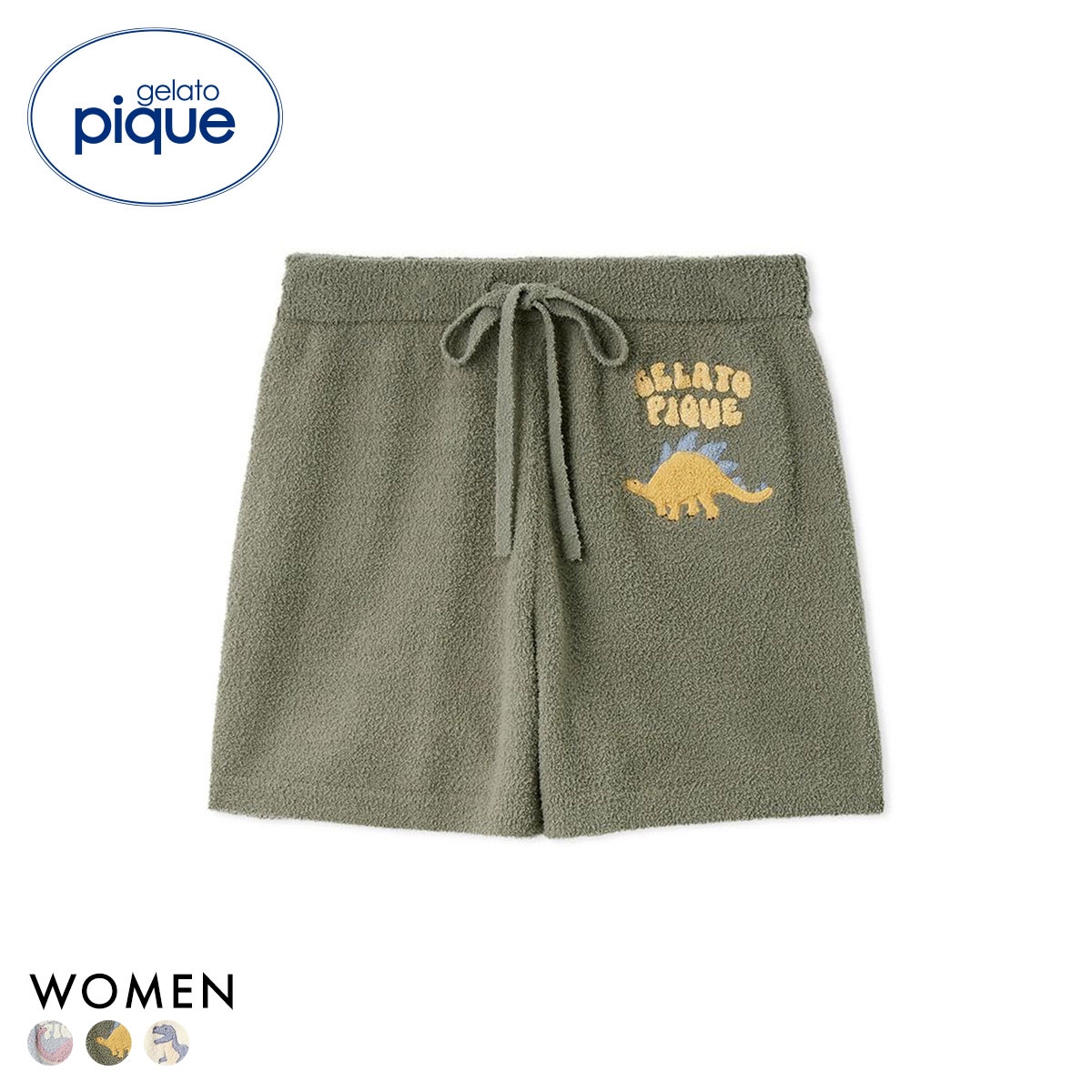ジェラートピケ レディース エアリーモコダイナソーさがら刺繍ショートパンツ ジェラピケ パジャマ ルームウェア gelato pique(KH-カーキ-Free)