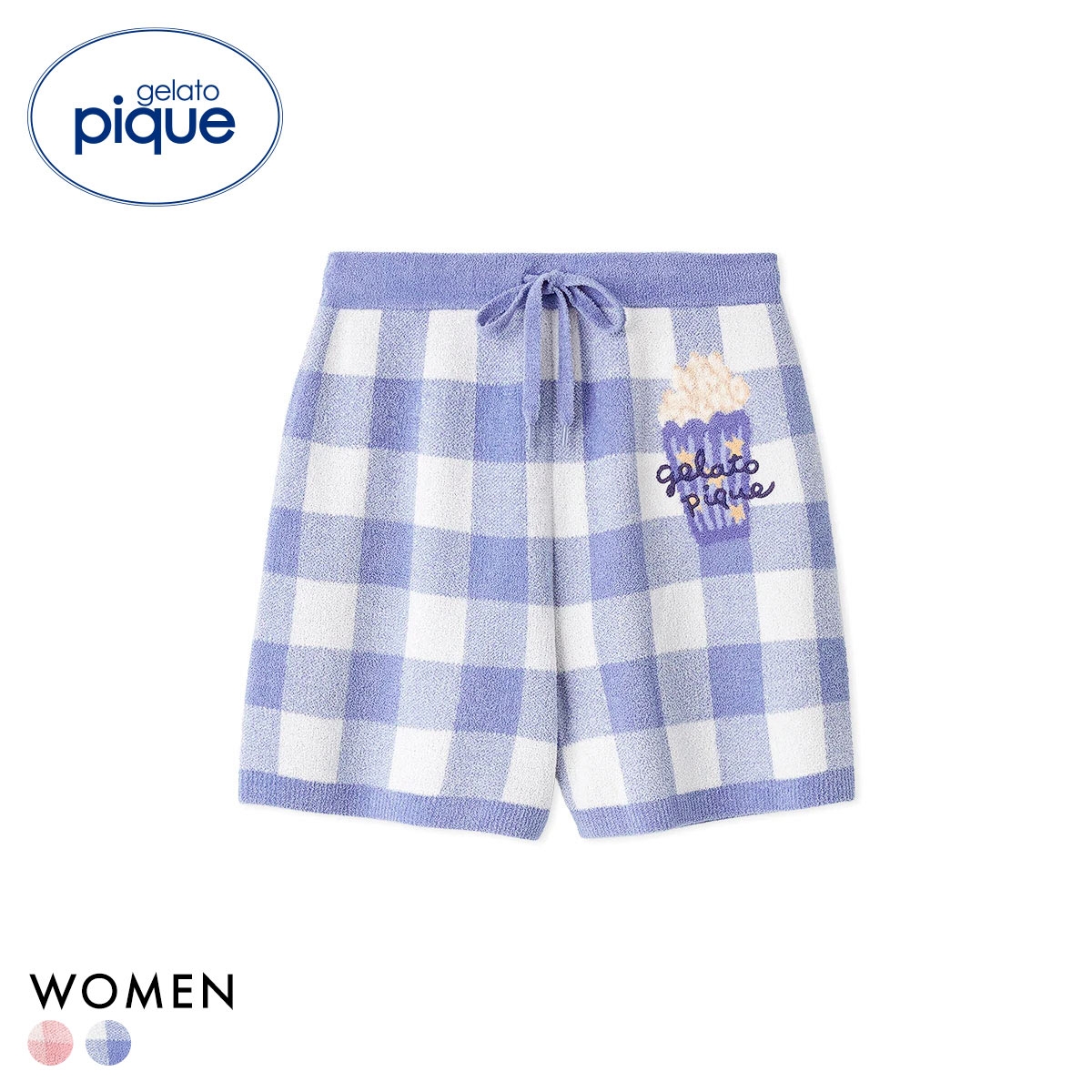 ジェラートピケ レディース エアリーモコギンガムチェック柄ショートパンツ ジェラピケ パジャマ gelato pique(BU-ブルー-Free)