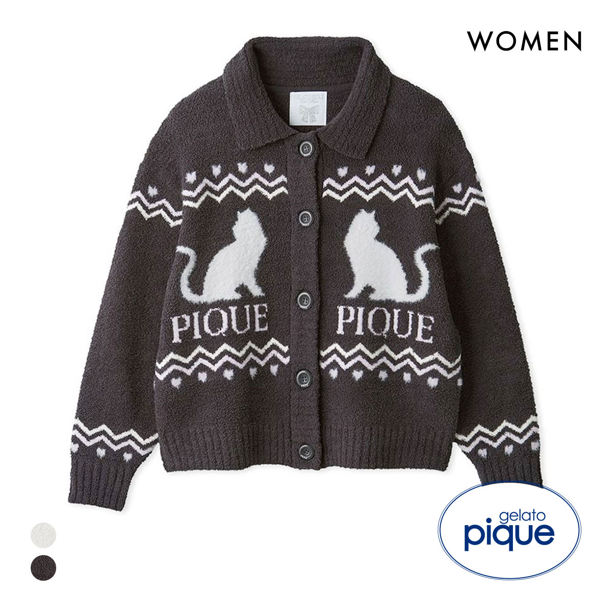 ジェラートピケ レディース HALLOWEEN CATジャガード衿付きカーディガン ジェラピケ パジャマ ルームウェア gelato pique(DGY-濃グレー-Free)