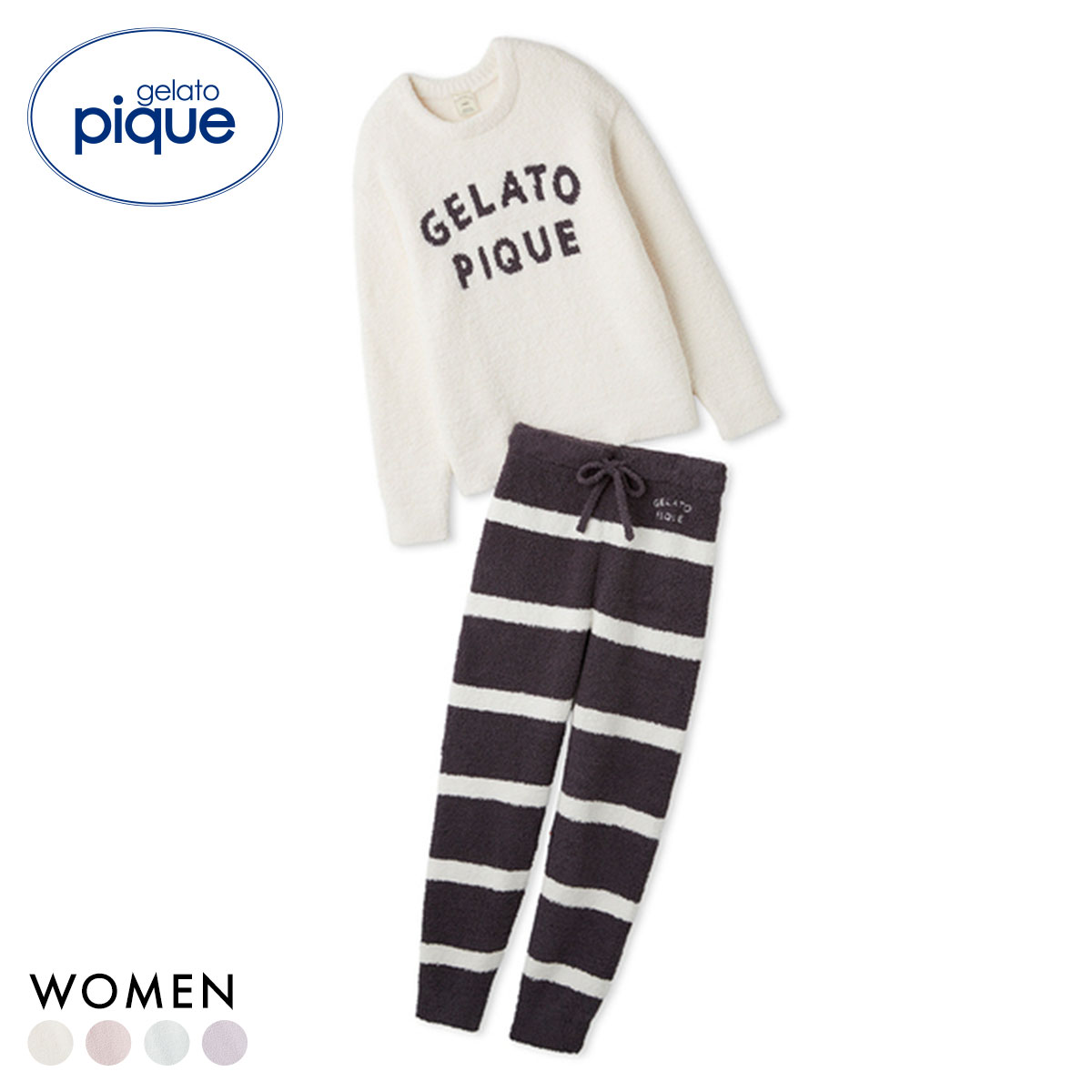 ジェラートピケ レディース パウダーロゴジャガードプルオーバー＆ロングパンツセット ジェラピケ パジャマ gelato pique(IV-アイボリー-Free)