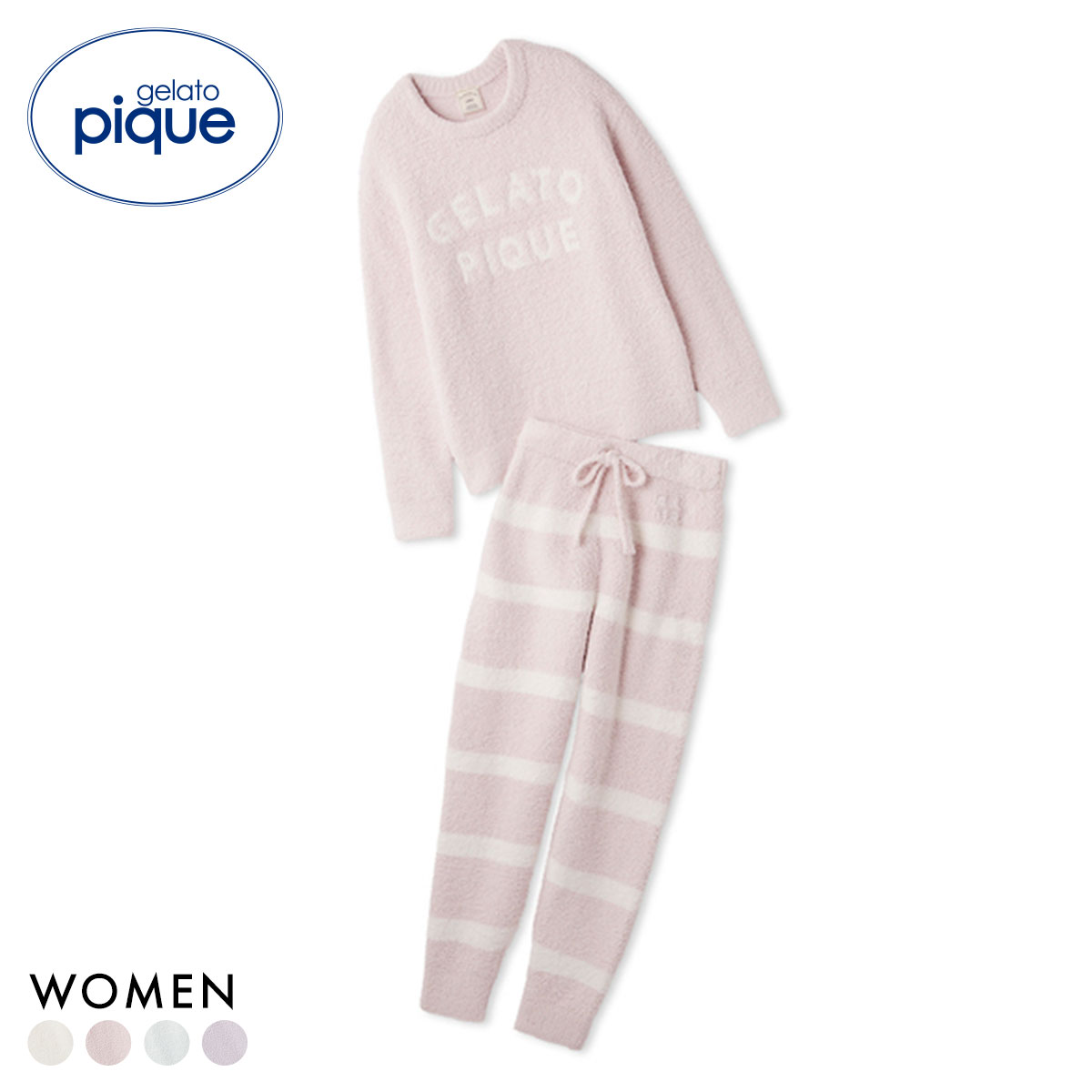 ジェラートピケ レディース パウダーロゴジャガードプルオーバー＆ロングパンツセット ジェラピケ パジャマ gelato pique(PI-ピンク-Free)
