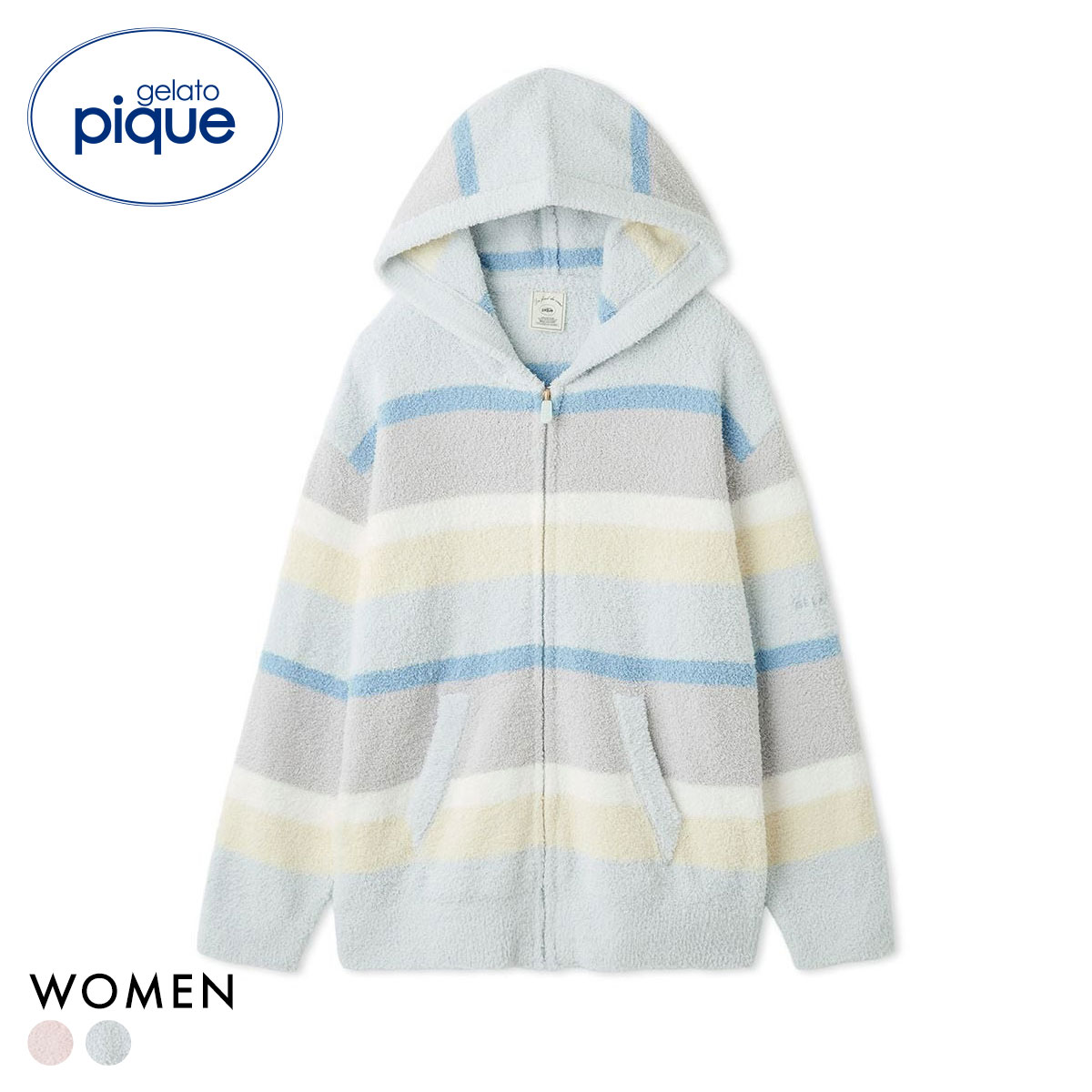 ジェラートピケ レディース ベビモコカラフルボーダーパーカ ジェラピケ パジャマ ルームウェア gelato pique(BU-ブルー-Free)