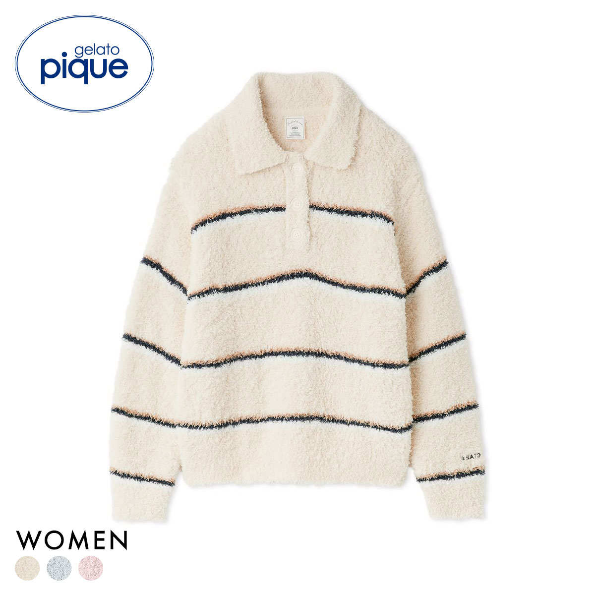ジェラートピケ レディース ジェラートボーダーポロ衿プルオーバー ジェラピケ パジャマ ルームウェア gelato pique(IV-アイボリー-Free)