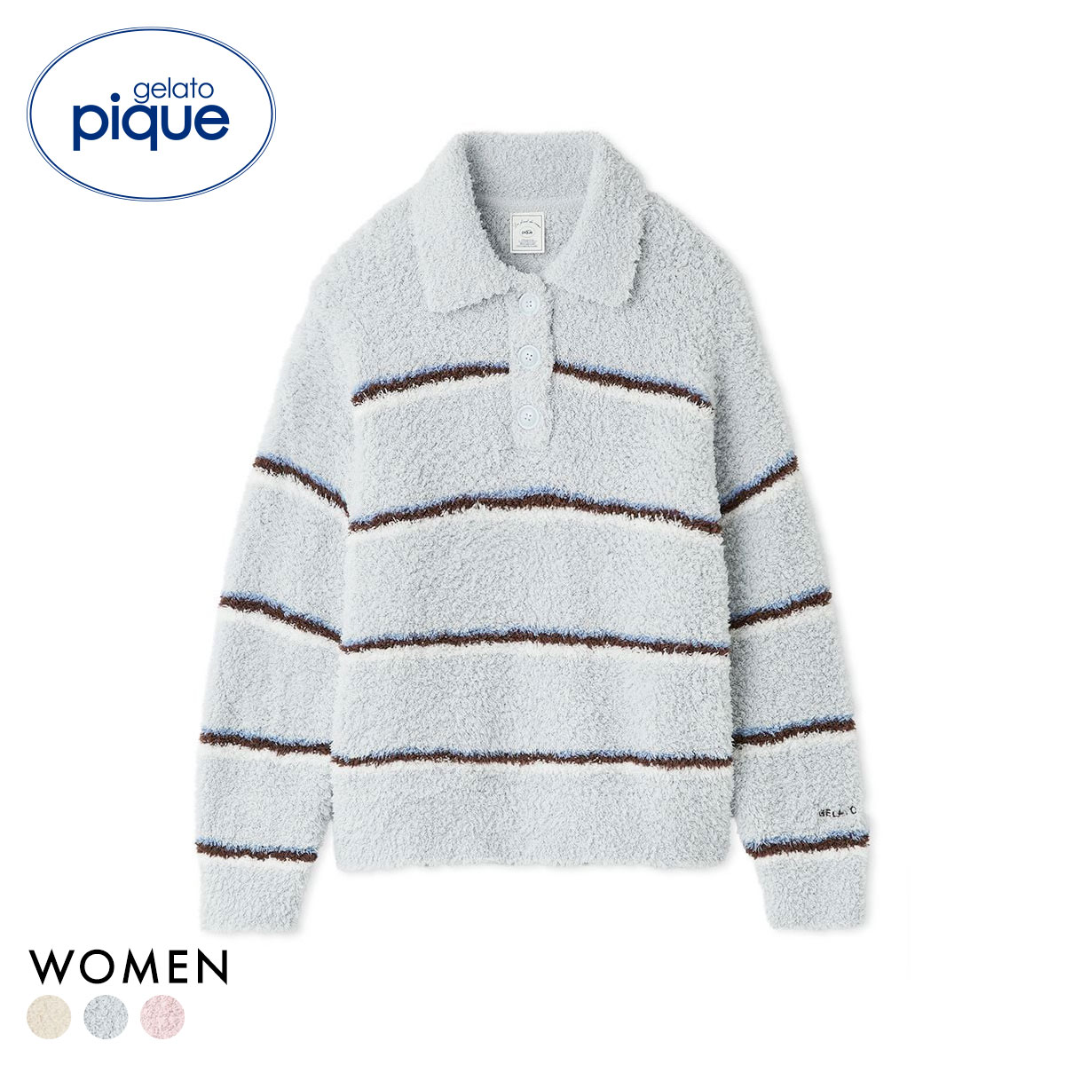 ジェラートピケ レディース ジェラートボーダーポロ衿プルオーバー ジェラピケ パジャマ ルームウェア gelato pique(BU-ブルー-Free)