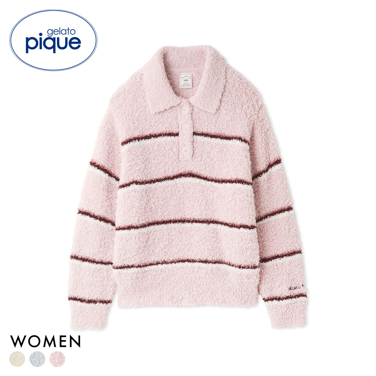 ジェラートピケ レディース ジェラートボーダーポロ衿プルオーバー ジェラピケ パジャマ ルームウェア gelato pique(PI-ピンク-Free)