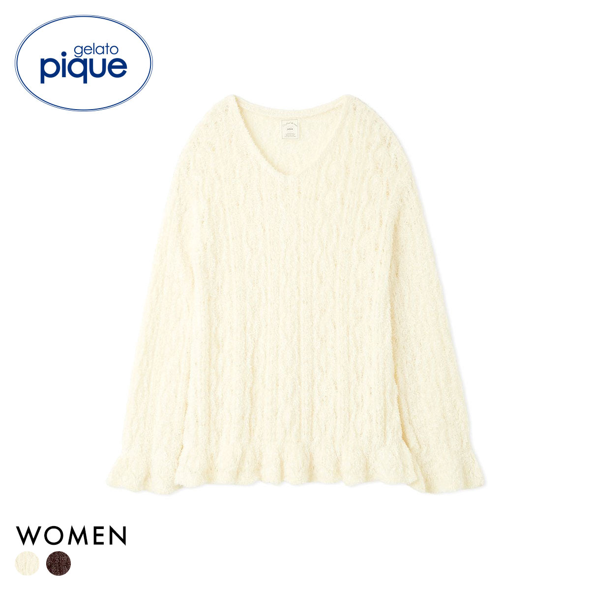 ジェラートピケ レディース フェザー柄編みプルオーバー ジェラピケ パジャマ ルームウェア gelato pique(YE-イエロー-Free)