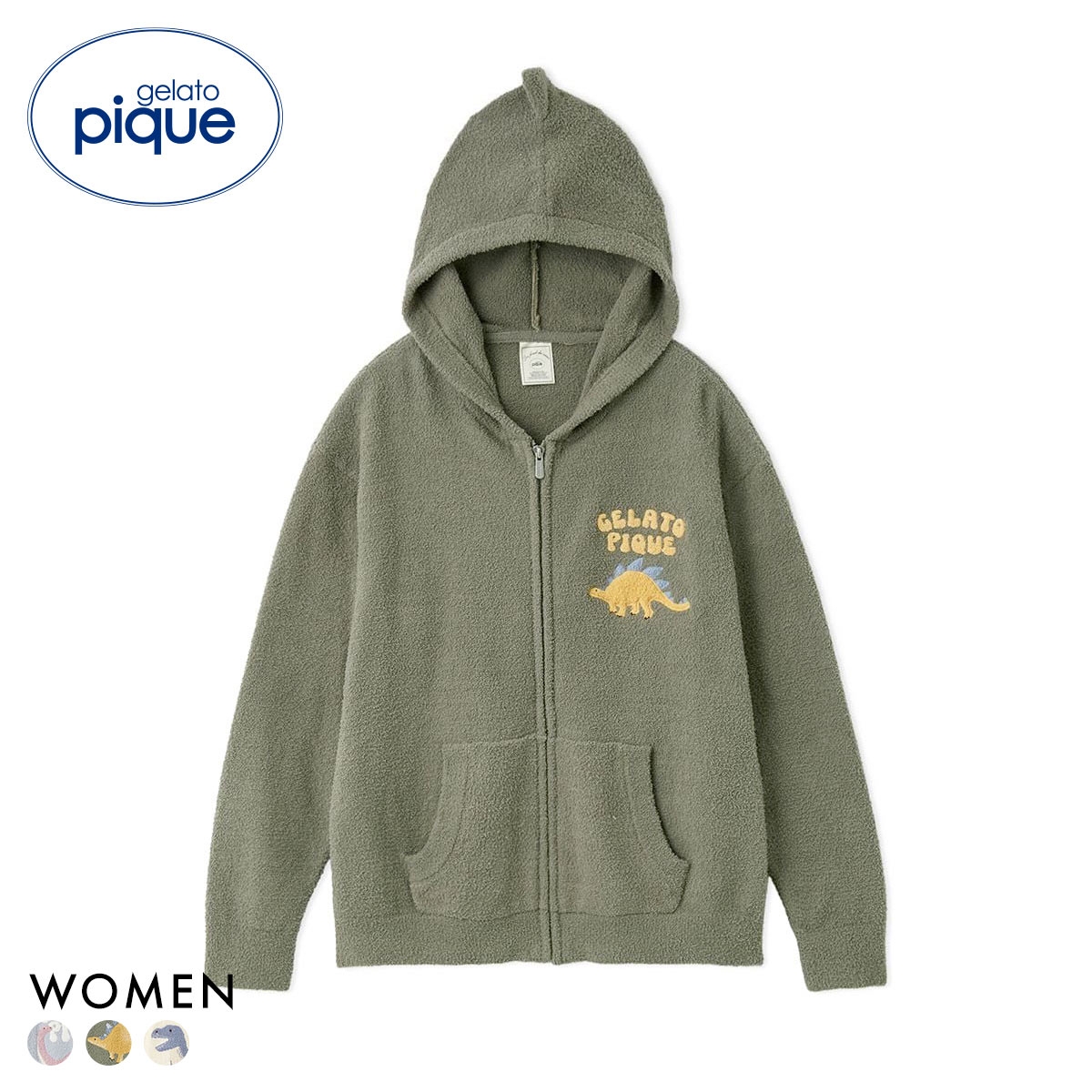 ジェラートピケ レディース エアリーモコダイナソーなりきりパーカ ジェラピケ パジャマ ルームウェア gelato pique(KH-カーキ-Free)