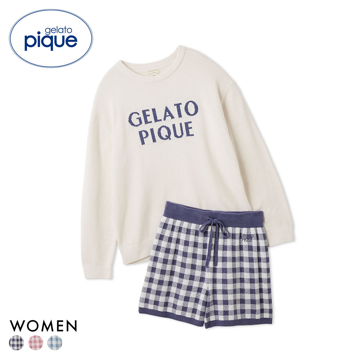 ジェラートピケ レディース WhiteDay ロゴプルオーバー＆チェックショートパンツセット ジェラピケ ルームウェア gelato pique ホワイトデー(NV-ネイビー-Free)