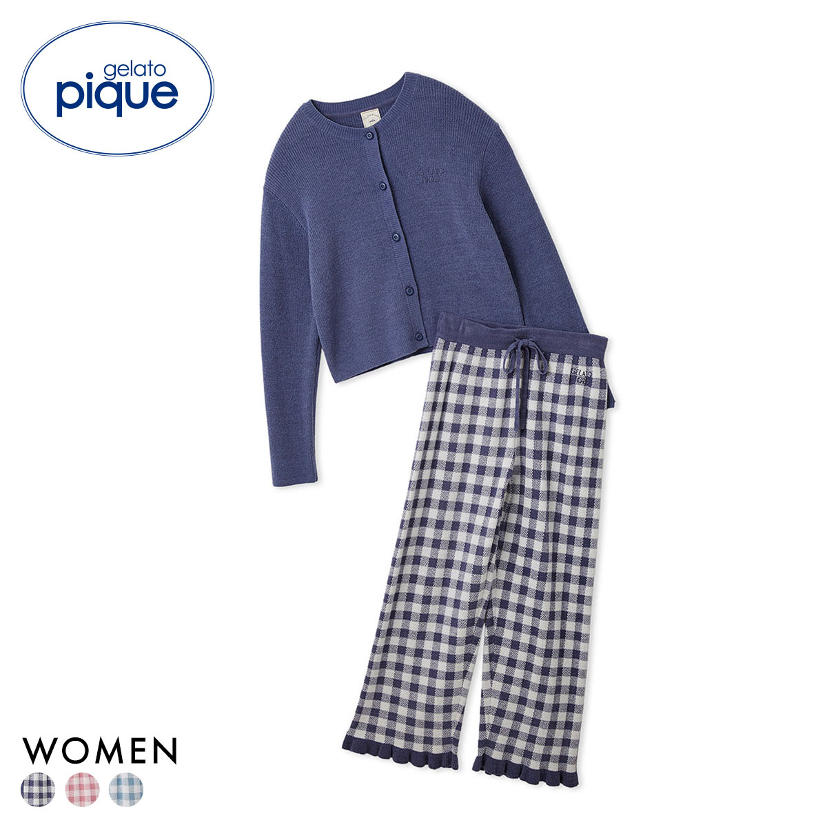 ジェラートピケ レディース WhiteDay リブカーディガン＆チェックロングパンツセット 上下 ジェラピケ ルームウェア gelato pique ホワイトデー(NV-ネイビー-Free)