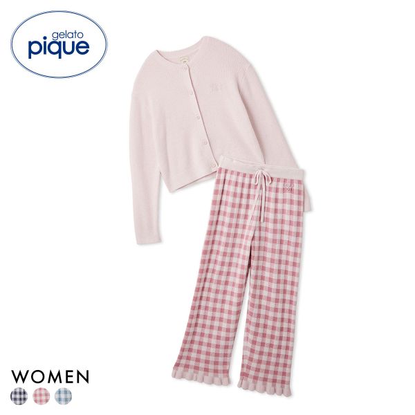 ジェラートピケ レディース WhiteDay リブカーディガン＆チェックロングパンツセット 上下 ジェラピケ ルームウェア gelato pique ホワイトデー