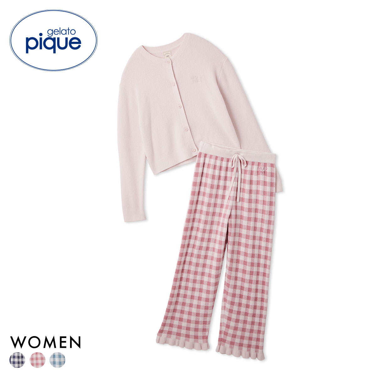 ジェラートピケ レディース WhiteDay リブカーディガン＆チェックロングパンツセット 上下 ジェラピケ ルームウェア gelato pique ホワイトデー(PI-ピンク-Free)