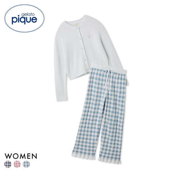ジェラートピケ レディース WhiteDay リブカーディガン＆チェックロングパンツセット 上下 ジェラピケ ルームウェア gelato pique ホワイトデー