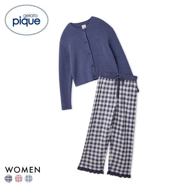ジェラートピケ レディース WhiteDay リブカーディガン＆チェックロングパンツセット 上下 ジェラピケ ルームウェア gelato pique ホワイトデー