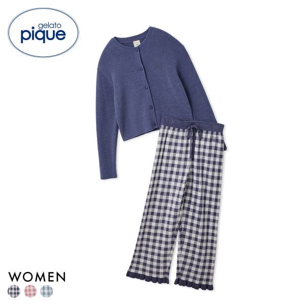 ジェラートピケ レディース WhiteDay リブカーディガン＆チェックロングパンツセット 上下 ジェラピケ ルームウェア gelato pique ホワイトデー