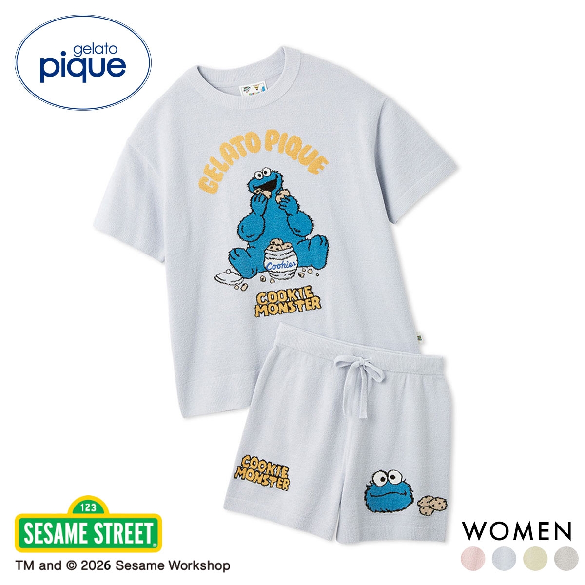 ジェラートピケ SESAME STREET エアリーモコジャガードプルオーバー＆ショートパンツセット ジェラピケ セサミストリート gelato pique(BU-ブルー-Free)