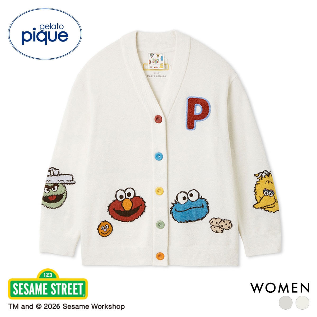 ジェラートピケ レディース SESAME STREET エアリーモコアップリケカーディガン ジェラピケ セサミストリート gelato pique(CR-クリーム-Free)