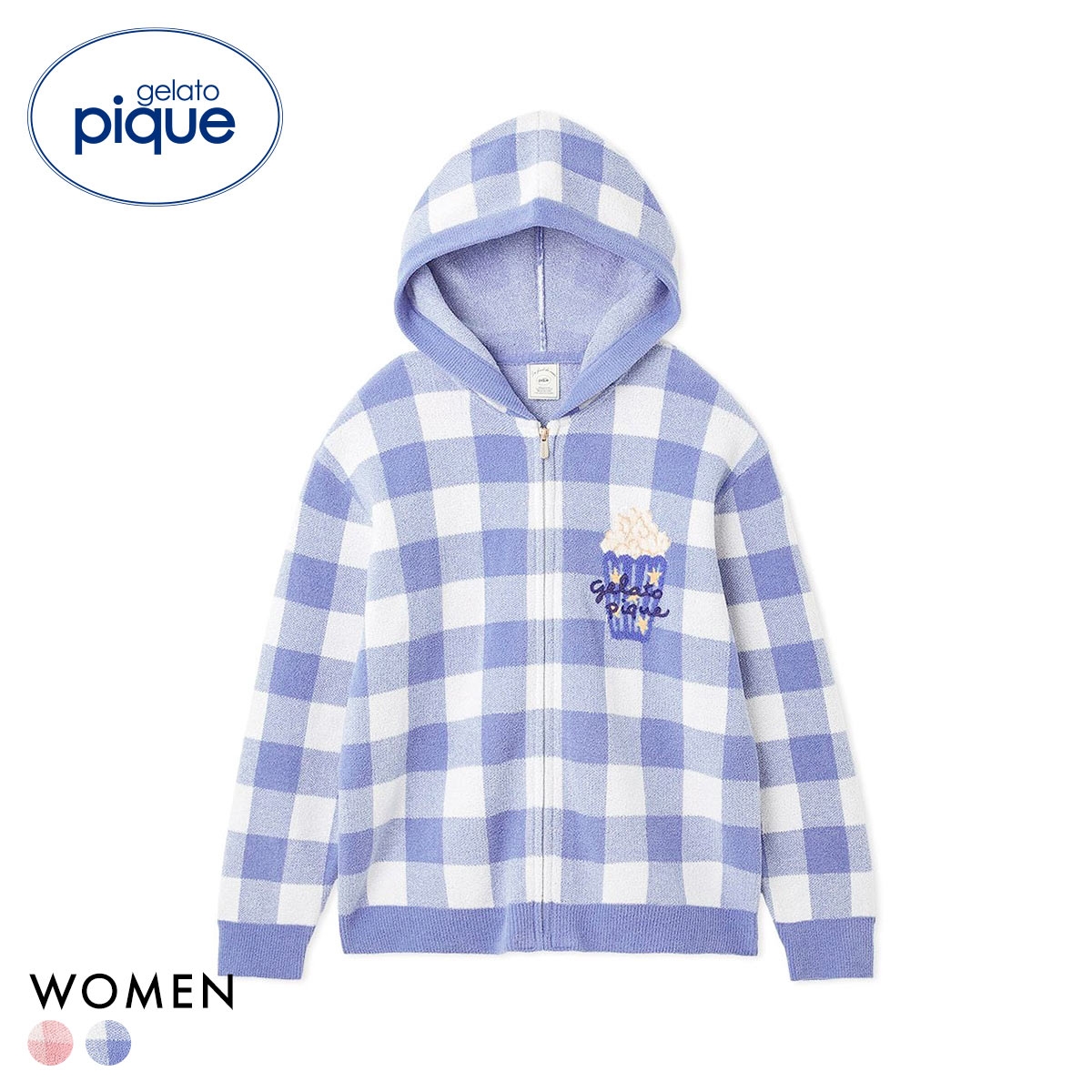 ジェラートピケ レディース エアリーモコギンガムチェック柄パーカ ジェラピケ パジャマ gelato pique(BU-ブルー-Free)