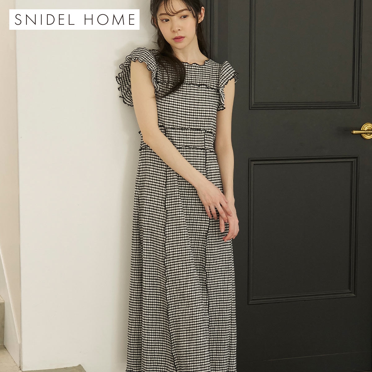 スナイデルホーム ギンガムメローワンピース パジャマ ルームウェア SNIDEL HOME(BK-ブラック-Free)