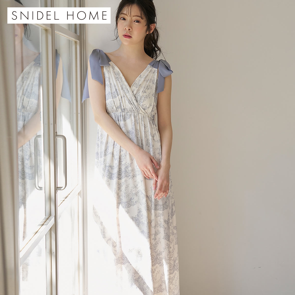スナイデルホーム Moilis 肩リボンワンピース カップイン カップ付き パッド付き パジャマ ルームウェア SNIDEL HOME(BU-ブルー-Free)