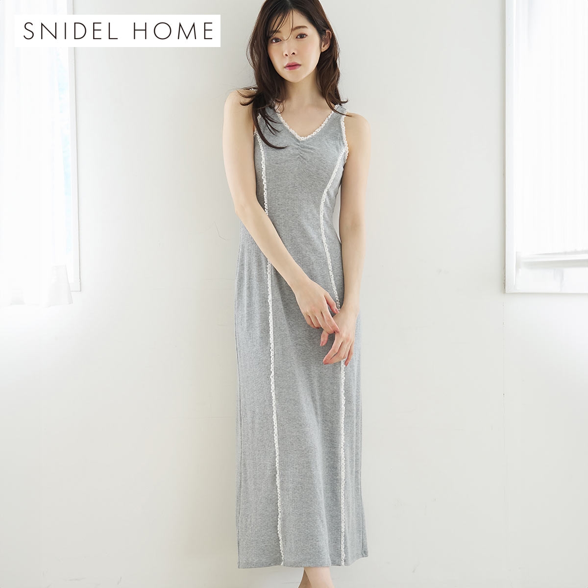 スナイデルホーム アイレットレースカットワンピース パッド付き カップイン パジャマ ルームウェア SNIDEL HOME(GY-グレー-Free)