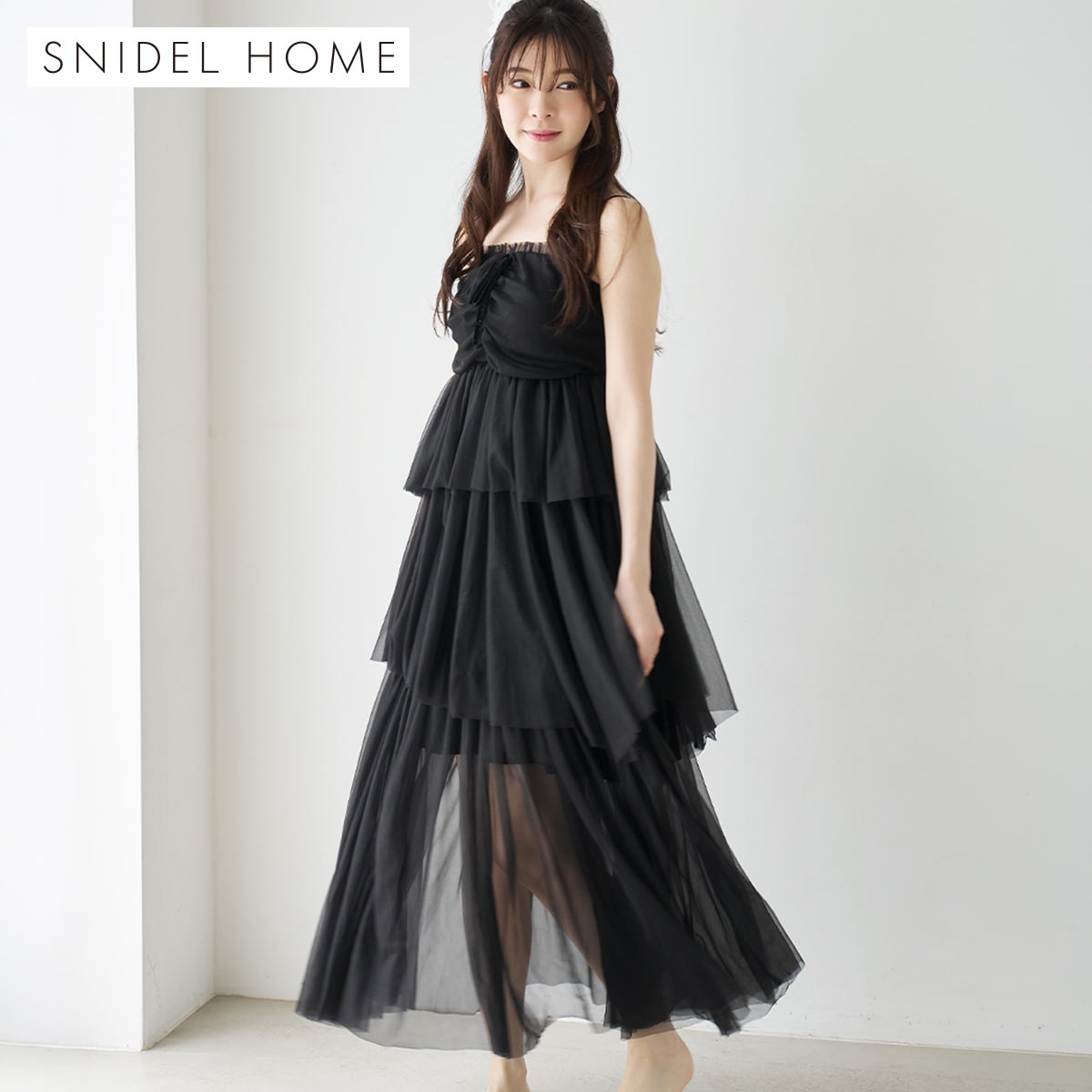 スナイデルホーム カップインチュールキャミワンピース カップイン パッド付き パジャマ ルームウェア SNIDEL HOME(BK-ブラック-Free)