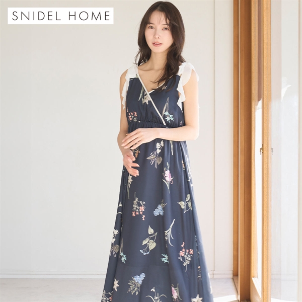 スナイデルホーム 肩リボンプリントロングワンピース カップイン パッド付き パジャマ ルームウェア SNIDEL HOME