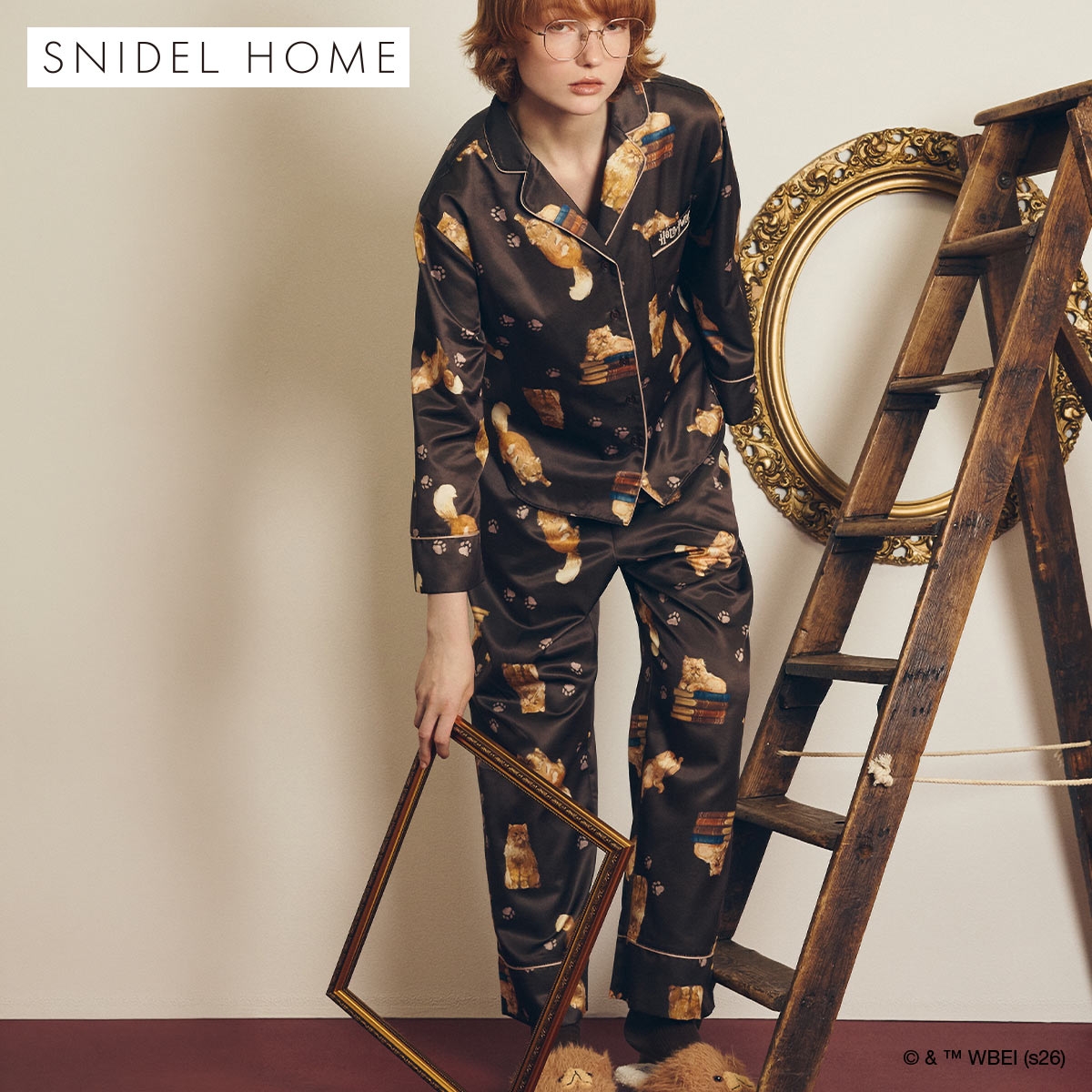 スナイデルホーム ハリー・ポッター Warm satin 総柄ロングパンツ パジャマ ルームウェア SNIDEL HOME Harry Potter(BR-ブラウン-Free)